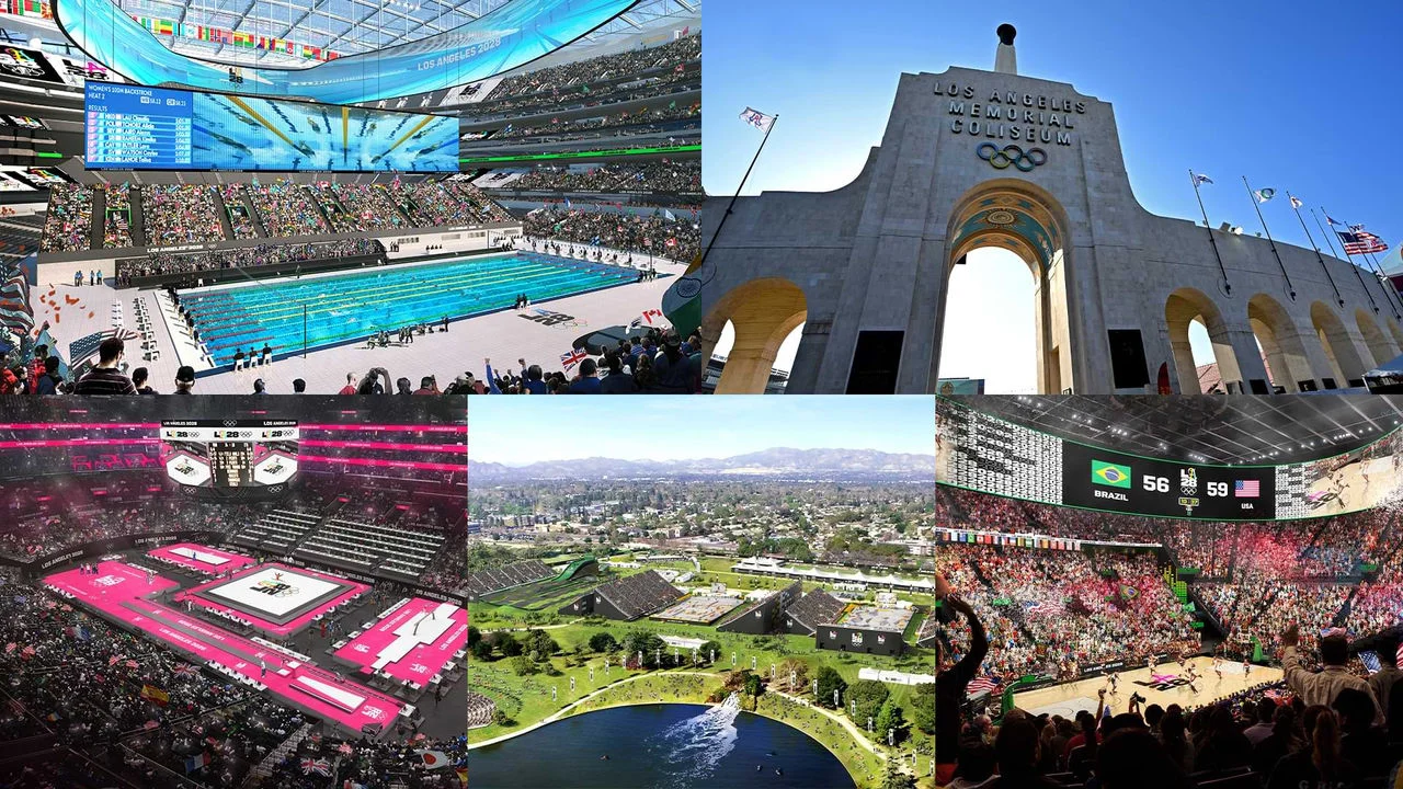 A photograph collage of various venues that will be utilized for the LA28 Games - some show the venues from the inside and some are aerial shots from outside.