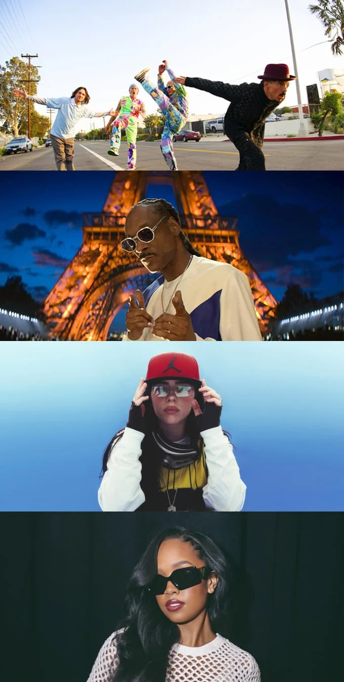 Four emblems with the LA28 emblem As from Snoop Dogg, RHCP, Billie Eilish and H.E.R.