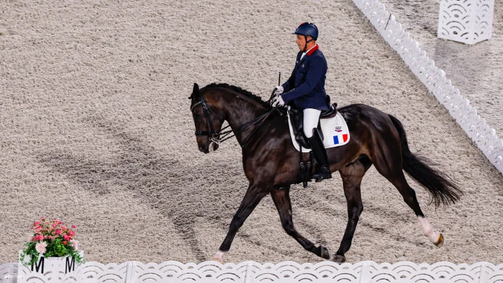 Un jinete con uniforme azul marino, pantalones blancos y casco azul marino está montando un caballo de color marrón oscuro en un evento ecuestre. El jinete lleva el número 407 y tiene un emblema de la bandera francesa en la almohadilla del sillín. El caballo se desplaza en una arena de doma con vallas decorativas blancas y un arreglo floral en primer plano. La superficie de la pista parece ser arena de color claro.