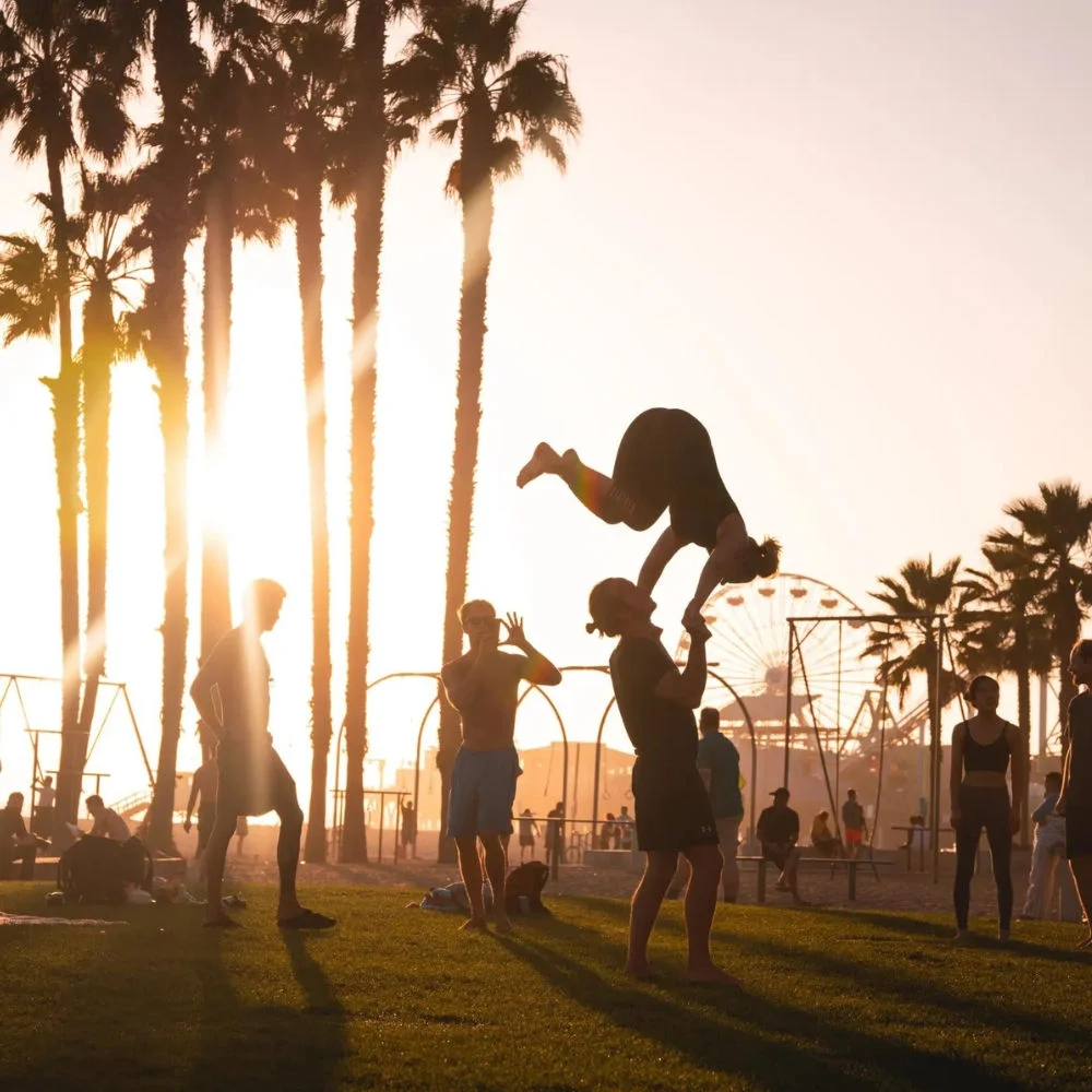 Siluetas de personas jugando y corriendo sobre el cesped, con palmeras, el atardecer y una noria al fondo