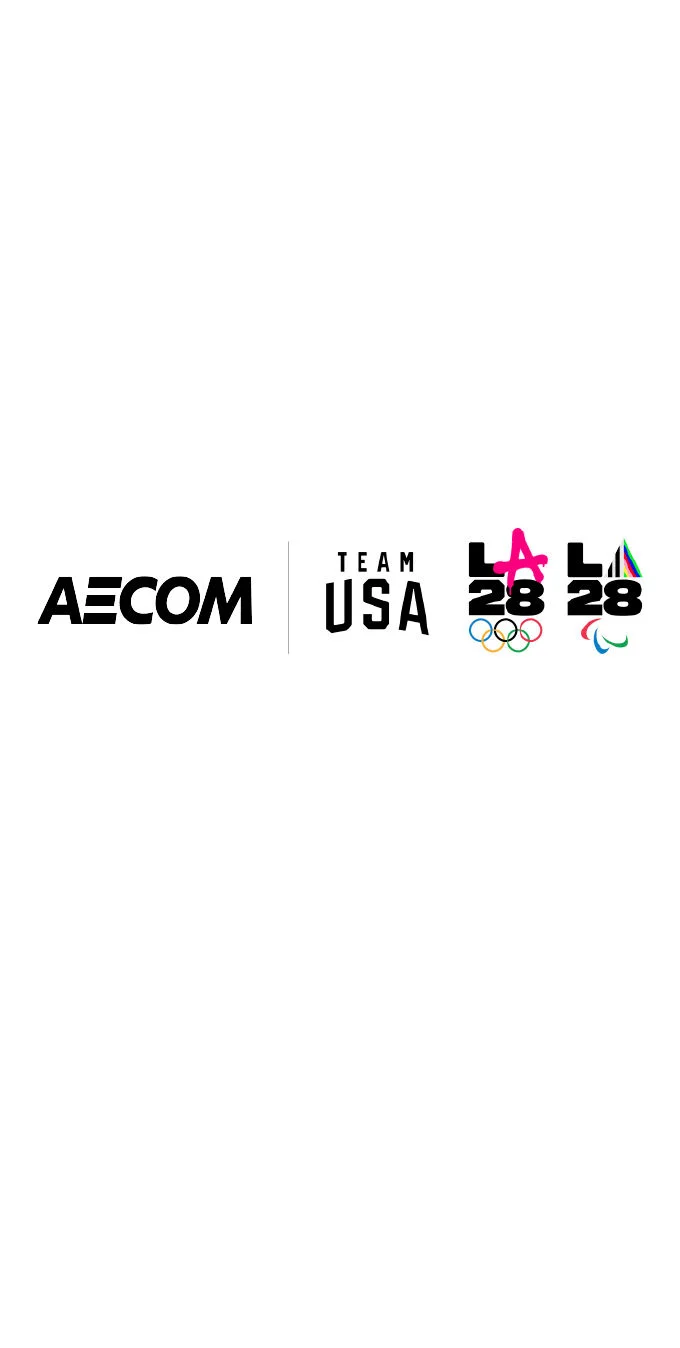 AECOM logo next to the Team USA logo and the LA28 dual emblems